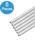 Six Piece Set Of 6063 Aluminum Round Tubes, 0.25 Inch Outside Diameter, 0.04 Inch Wall Thickness, 36 Inch Long Seamless Straight Tubing For DIY Projects, Craft Or Industrial Use, Ridiculously Tough, Corrosion Resistant And Lightweight shown in a diagonal layout with blue six pieces badge in top left corner.