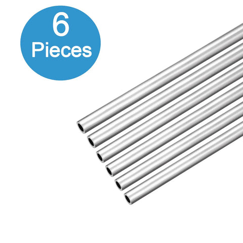 Six Piece Set Of 6063 Aluminum Round Tubes, 0.25 Inch Outside Diameter, 0.04 Inch Wall Thickness, 36 Inch Long Seamless Straight Tubing For DIY Projects, Craft Or Industrial Use, Ridiculously Tough, Corrosion Resistant And Lightweight shown in a diagonal layout with blue six pieces badge in top left corner.