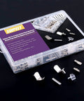 Six Styles Shelf Pins Set With 160 Pieces Nickel Plated Cabinet Pins for 5mm and 6mm Shelf Holes shown in plastic storage case