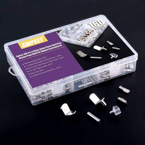 Six Styles Shelf Pins Set With 160 Pieces Nickel Plated Cabinet Pins for 5mm and 6mm Shelf Holes shown in plastic storage case