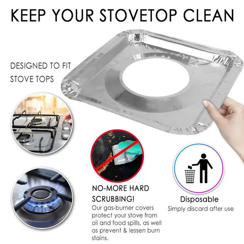 Hand holding a Disposable Stove Burner Liners Pack Of 50 Square 8.5 Inch Gas Rangetop Protectors Cooktop Covers Replacement.