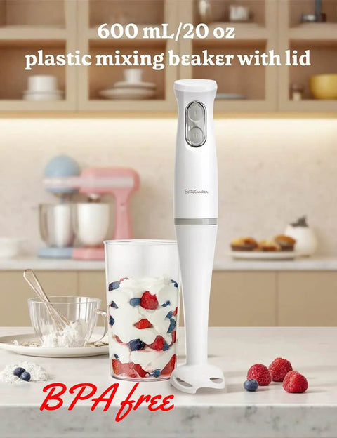 Slick Two Speed Hand Blender With Beast Mode 300W Peak Motor And Nifty 20oz Mixing Cup featuring a 600 mL BPA free plastic beaker.