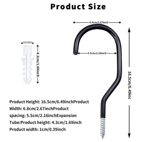Heavy Duty Bike Storage Hooks For Garage, Wall And Ceiling Mounts, Screw-In Utility Hangers, Black hook dimensions and material details