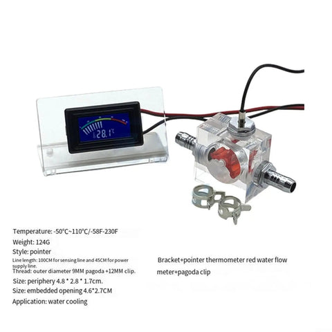 Three-Way Water Cooling Flow Meter With Blue LED Thermometer For Real-Time Liquid Cooling Systems, Ultra-Precise Flow Readout And Temperature Monitoring For PC Builds, DIY Water-Cooling Loops, And High-Performance Enthusiast Rigs on acrylic base