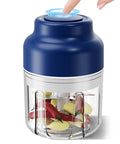 Upgrade Electric Garlic Chopper With Six Stainless Steel Blades Portable Mini Food Processor For Mashing Onions Chili And Meat Cordless Usb Rechargeable Wireless Design, showing a finger pressing top button on chopper with chili and garlic inside.