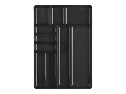 10 Compartment Organizer Tray In Black For Drawer Storage, Ultra Slim 1.5 Inch Tall, showing compartments for small parts