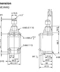 Dimensions diagram of Rock Solid IP66 Waterproof Limit Switch With Sealed Top Ball Plunger And Momentary Snap Actuator.