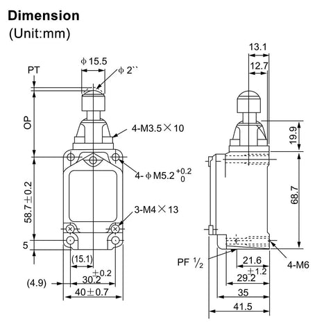 Dimensions diagram of Rock Solid IP66 Waterproof Limit Switch With Sealed Top Ball Plunger And Momentary Snap Actuator.