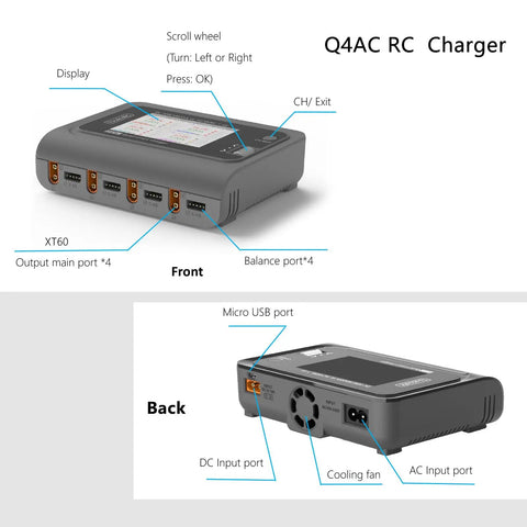Front and back view of Four Port RC Battery Charger With 4X50W Output For LiPo 1 To 4S, showing ports and cooling fan.