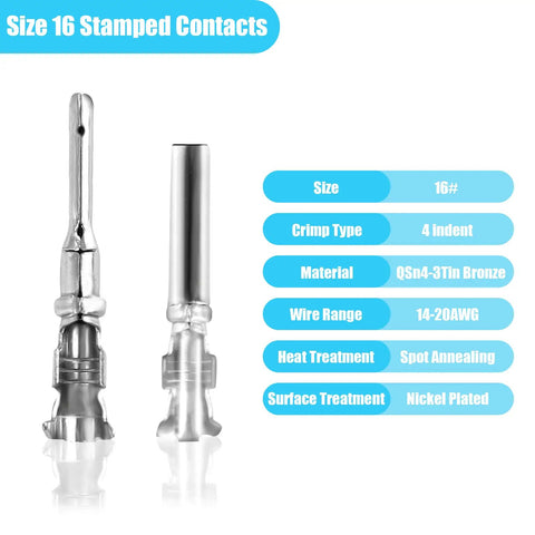 Close-up of size 16 stamped contacts from the DT Series 685 Piece Connector Kit with details on material and specifications