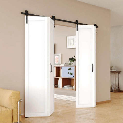 Two Panel Bifold Barn Door Kit For 30 Inch Openings Space Saving Indoor Sliding Door With Folding Panels And Hardware White MDF Closet Door Slab 84 Inch Tall Includes 2.83 Foot Track For Dual Doors installed in a living room.