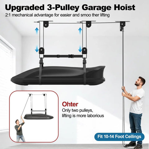 Beefy Cargo Box Ceiling Hoist With 3 Pulleys, Heavy Duty Garage Lift System Holds Up To 150 Lbs for Kayaks and Roof Boxes