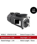 Side view of servo motor model 57EH76-YC-PD, black housing with silver faceplate and protruding shaft.