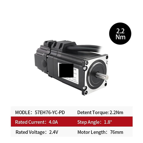 Side view of servo motor model 57EH76-YC-PD, black housing with silver faceplate and protruding shaft.