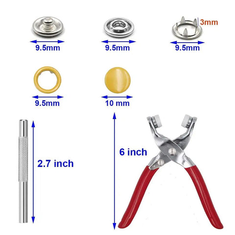 Snap Fasteners Tool Kit 800 Pieces In 200 Sets Hollow And Solid Metal Prong Snaps With Setting Tool 9.5mm and Pliers