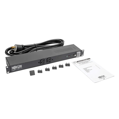 Isobar Rackmount Surge Protector Power Strip With 12 Outlets, 20A and 3840 Joules, 15ft Cord, 1U Rack Mount, accessories visible