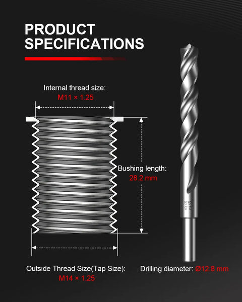 M11x1.25 Thread Repair Kit With 10 Solid 304 Stainless Inserts For Stripped Internal Threads In Engines, Automotive Parts, ATVs And Motorcycles, Beefy Stainless Steel Thread Saver For Quick And Reliable Repairs, size and drill specs shown