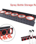 Heavy Duty Wall Mounted Spray Bottle Caddy With Five Reinforced Steel Hooks For Garage Organization, view of black rack with red accents.