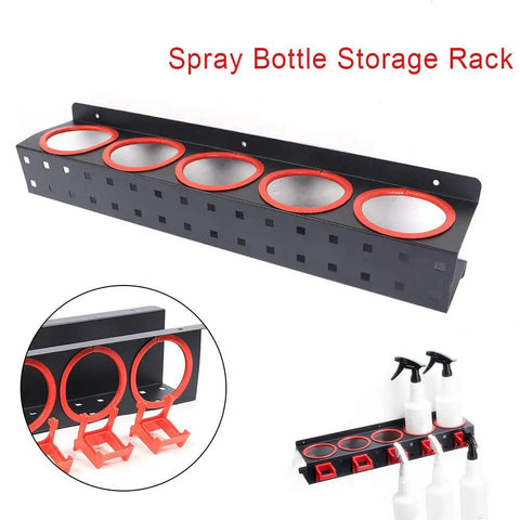 Heavy Duty Wall Mounted Spray Bottle Caddy With Five Reinforced Steel Hooks For Garage Organization, view of black rack with red accents.