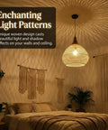 Hand Woven Rattan Pendant Light With Sturdy Wood Frame, 15 Inch Boho Ceiling Fixture For Kitchen Island And Dining Room in cozy bedroom.