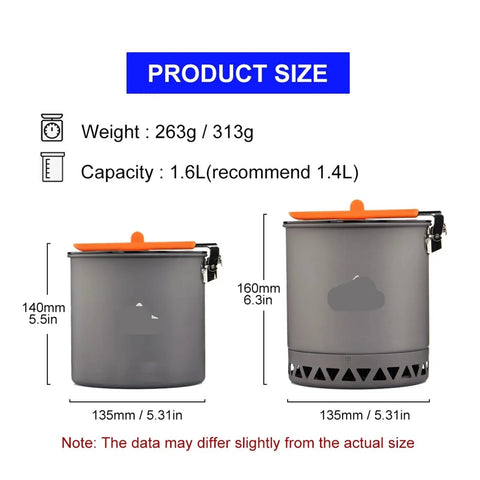 Image of 1.6L Camping Pot For Outdoor Cooking, Hiking And Picnics showing product size and dimensions