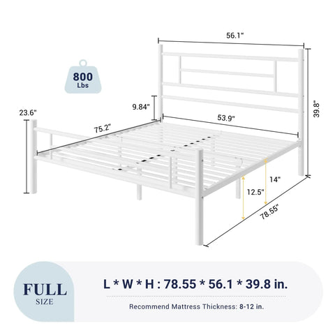 Built Tough Full Size Metal Bed Frame With Classic Headboard And Footboard In Crisp White, dimensions and details displayed.