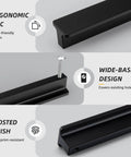 10 Pack 3 Inch Matte Black Kitchen Cabinet Handles and Drawer Pulls showing ergonomic arc, wide-base design, and frosted finish.