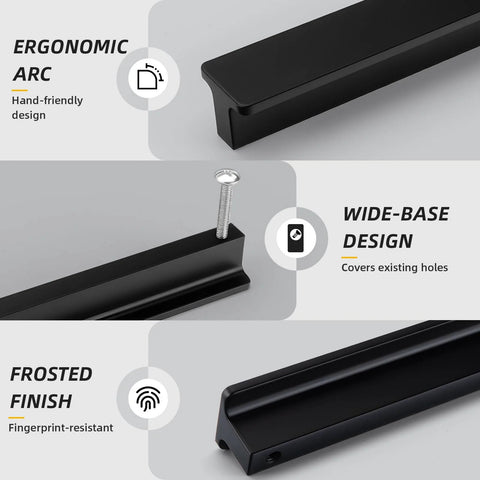10 Pack 3 Inch Matte Black Kitchen Cabinet Handles and Drawer Pulls showing ergonomic arc, wide-base design, and frosted finish.