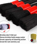 Close-up of 10 Piece Pro Grade Car Detailing Brush Set with beefy non-shed bristles, great for wheels and leather, red handles.