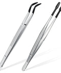 Two Piece Tweezers With Rubber Tips Set Bent And Straight Flat Tips PVC Coated No Mar Non Slip Grips For Stamp Coins Jewelry Crafts And Electronics Pro Grade Precision In Silver And Black displayed side by side on a white background.