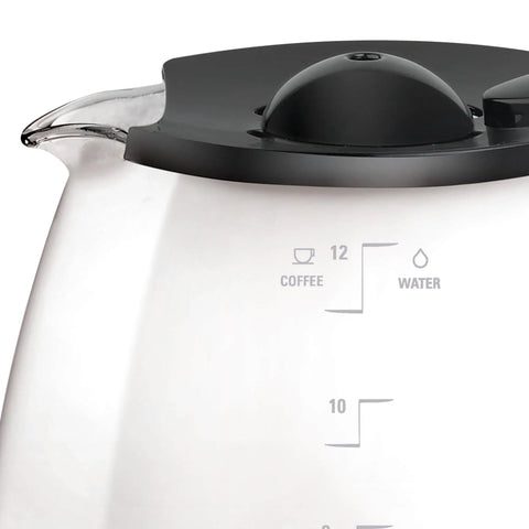 Close-up of Replacement 12 Cup Coffeemaker Carafe With Black Handle, showing 12-cup measurement lines and spout.