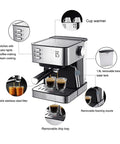 Compact Black Espresso Machine For Home Use With Semi Automatic Operation Steam Wand Milk Frother All In One Coffee Maker