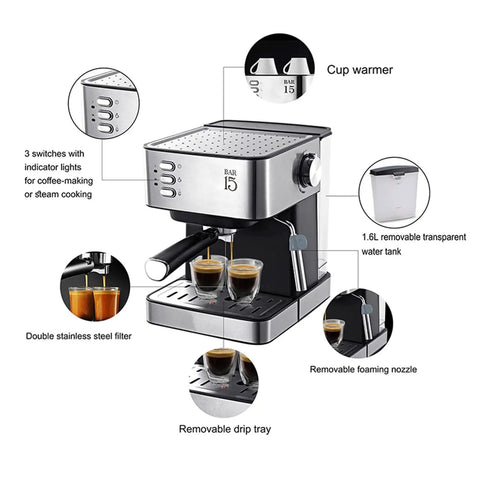 Compact Black Espresso Machine For Home Use With Semi Automatic Operation Steam Wand Milk Frother All In One Coffee Maker