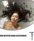 2pcs Brass Bathtub Drain Stopper with Flat Seal Rotating Design, woman relaxing in bathtub with water reflections.
