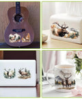 Forest Deer Theme Cup Printing UV Transfer Paper Set Ten Styles shown on guitar, tissue box, laptop, and mug.