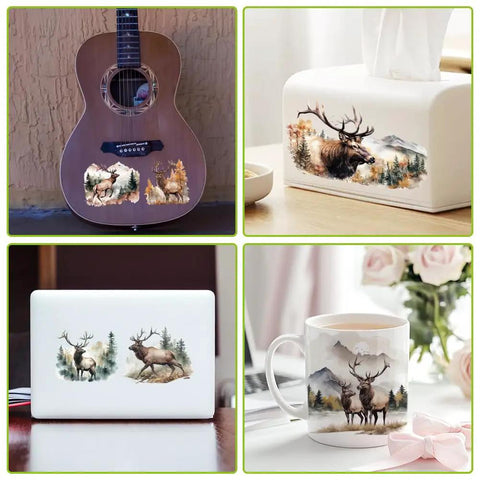Forest Deer Theme Cup Printing UV Transfer Paper Set Ten Styles shown on guitar, tissue box, laptop, and mug.