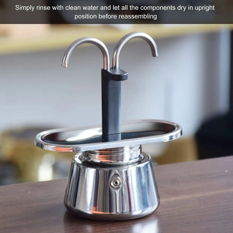 Heavy Duty Stainless Steel Mocha Pot 2 Cup Dual Pipe Stovetop Espresso Maker Smooth Pour Italian Coffee Maker with spout in view.