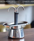 Rock Solid Stainless Steel Stovetop Espresso Maker With Dual Spout Brewing for easy coffee brewing into two cups.