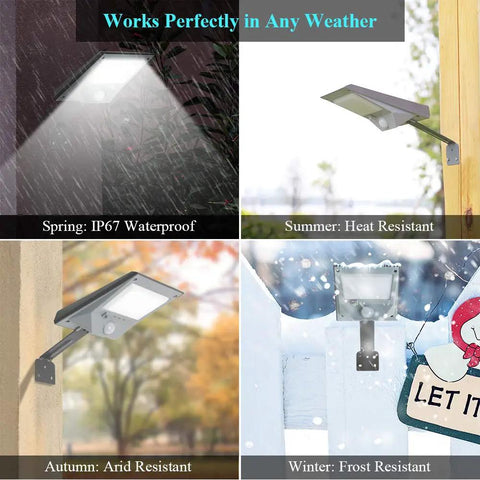 Seasonal display of outdoor flood lights in various weather conditions, showcasing waterproof, heat, arid, and frost resistance.