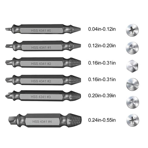 Pro Grade Screw Extractor Set For Removing Stripped Rusty And Broken Hardware Workhorse Heavy Duty HSS 4341 Tool Kit. Multiple sizes shown.