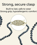 Close-up of Black Akoya Japanese Pearl Necklace For Women, 14K Gold Strand clasp, showing secure and hypoallergenic design with pearls.