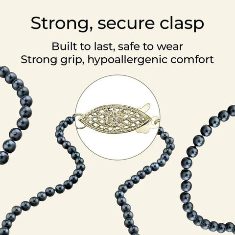 Close-up of Black Akoya Japanese Pearl Necklace For Women, 14K Gold Strand clasp, showing secure and hypoallergenic design with pearls.