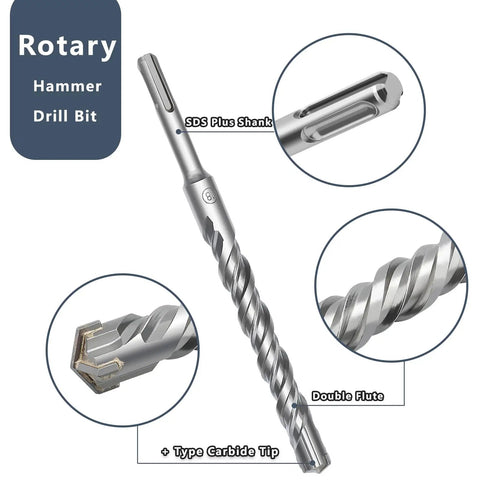 Close-up of a rotary hammer drill bit with SDS Plus shank, double flute, and carbide tip from a 12 Piece SDS Plus Rotary Hammer Drill Bit And Chisel Set, 6 Inch Length, Includes 5/32 3/16 1/4 5/16 3/8 1/2 Inch Bits And 6 Inch Point Chisel Plus 9/16 By 6 Inch Chisel, Pro Grade Heavy Duty Masonry Kit For Concrete Brick And Cement.