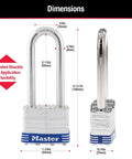 Keyed-Alike Outdoor Padlocks With Keys, Extra Long Shackle For Gate, Fence, Shed And Equipment, Durable Laminated Steel Body With Hardened Shackle, 3 Pack with dimensions shown