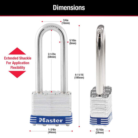 Keyed-Alike Outdoor Padlocks With Keys, Extra Long Shackle For Gate, Fence, Shed And Equipment, Durable Laminated Steel Body With Hardened Shackle, 3 Pack with dimensions shown