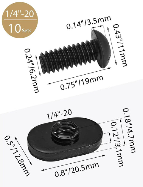 Dimensions of Twenty Pack Black T Slot Nuts For One Quarter Inch By Twenty Threads with black zinc-plated finish