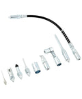 Nine Piece Grease Gun Tip Set With Universal Couplers For All Grease Lubrication Jobs Includes 15.5 Inch Flexible Hose 90 Degree Angled Coupler Needles Seals And Quick Connect Fittings displayed on a white background.