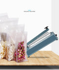 8 Inch 200mm Impulse Sealer 300W No Warm Up Required sealing plastic bags with popcorn and dried flowers on wooden table