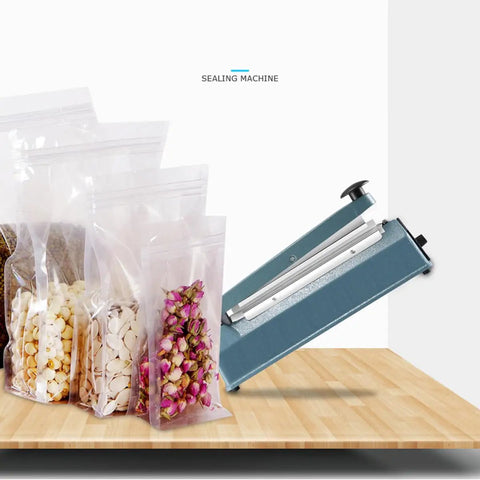 8 Inch 200mm Impulse Sealer 300W No Warm Up Required sealing plastic bags with popcorn and dried flowers on wooden table