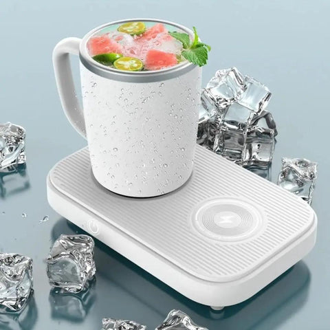 Premium 3in1 Temperature Control Mug With Built In 15W Fast Wireless Charging Pad Keep Your Morning Fuel Lit All Workday Long Super Chill Sipper For Office Desk Setup featuring 12 oz white mug with iced beverage on charging pad.
